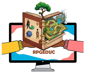 Logotipo do Projeto RPGEDUC: Monitor com dois braços negros em cada lado, segurando um livro aberto com uma ávore saindo do meio do livro. De um lado da capa do livro existe imagens de dados e dois personagens de RPG. Do outro lado existe um cenário de um tabuleiro de RPG saindo do livro.