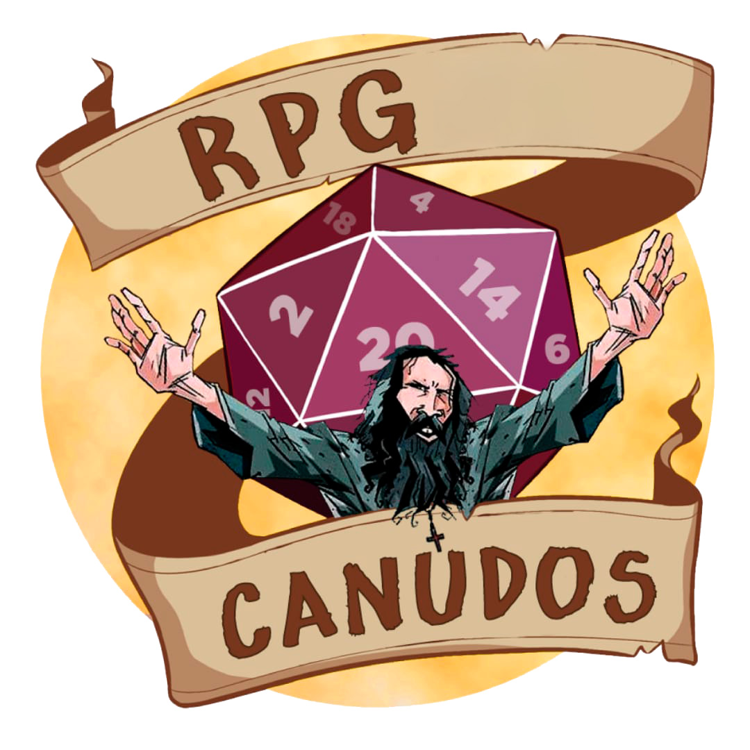 Um homem de idade, barba e cabelos longos, de braços abertos. Duas faixas, uma superio escrito RPG e a inferior escrito Canudos.