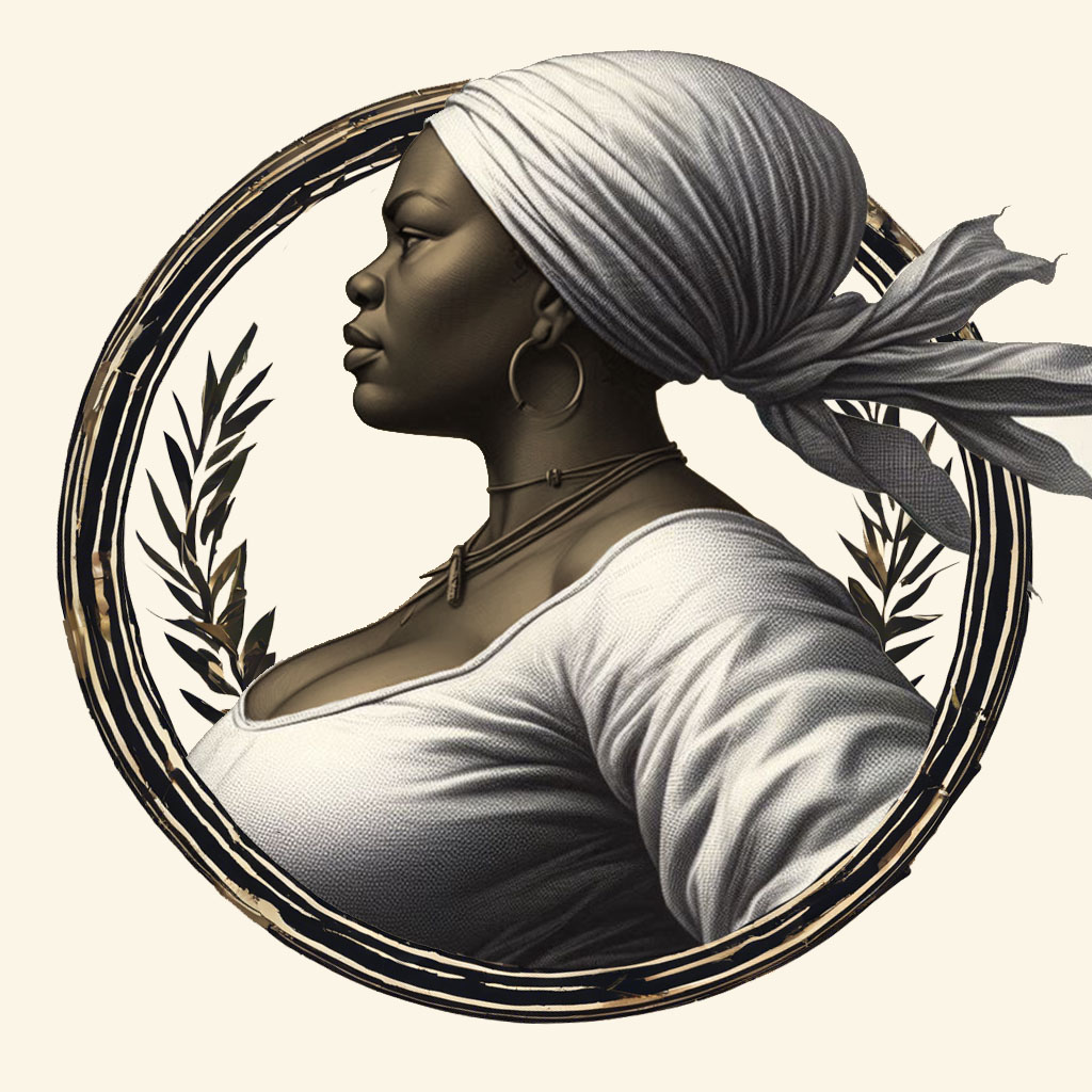 Mulher negra, com um turbante branco na cabeça.