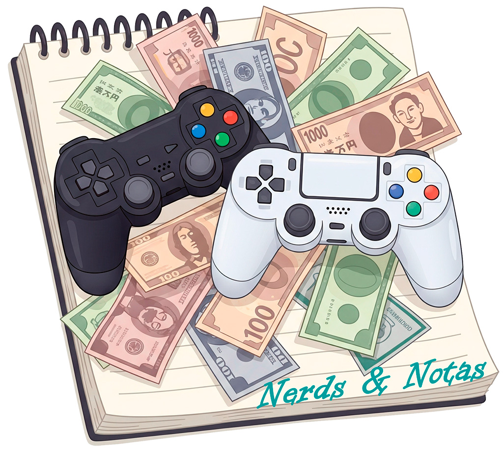 Um caderno de anotações com cédulas e dois controles de videogame.