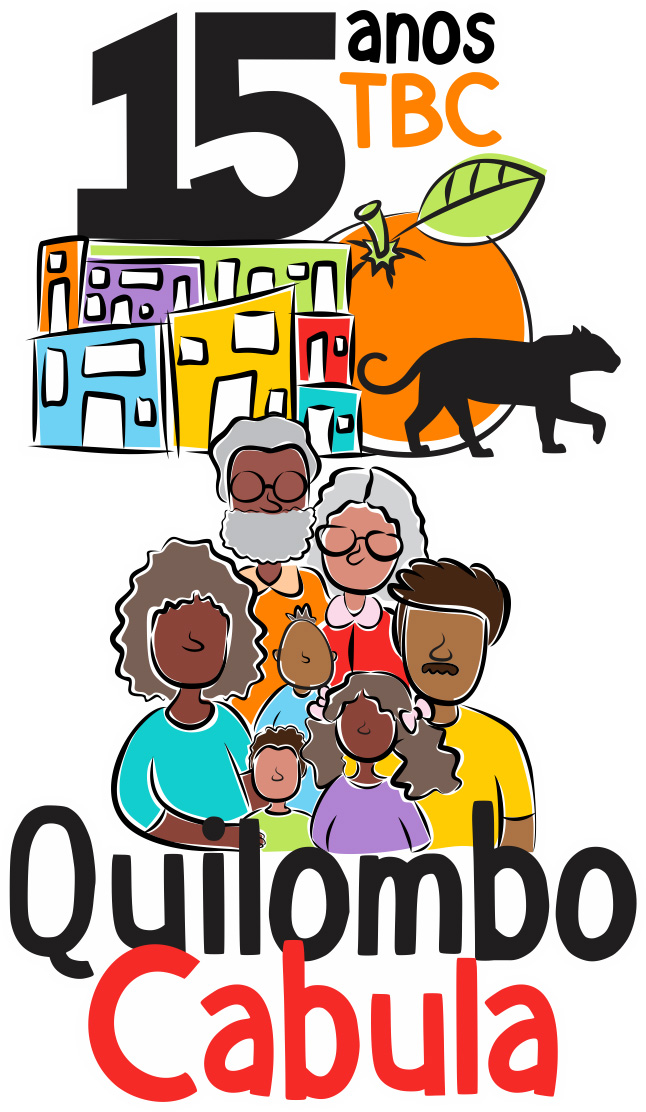 Casas coloridas, uma laranja e uma onça preta. Uma família composta por um homem preto com cabelos e barba brancos, uma Mulher preta de óculos e cabelos brancos, uma mulher preta com cabelos grizalhos, um homem preto com cabelos e bigode pretos, uma mulher negra jovem com cabelo laranja, uma menia preta e um menino preto. Em baixo da família está a frase: Quilombo Cabula.