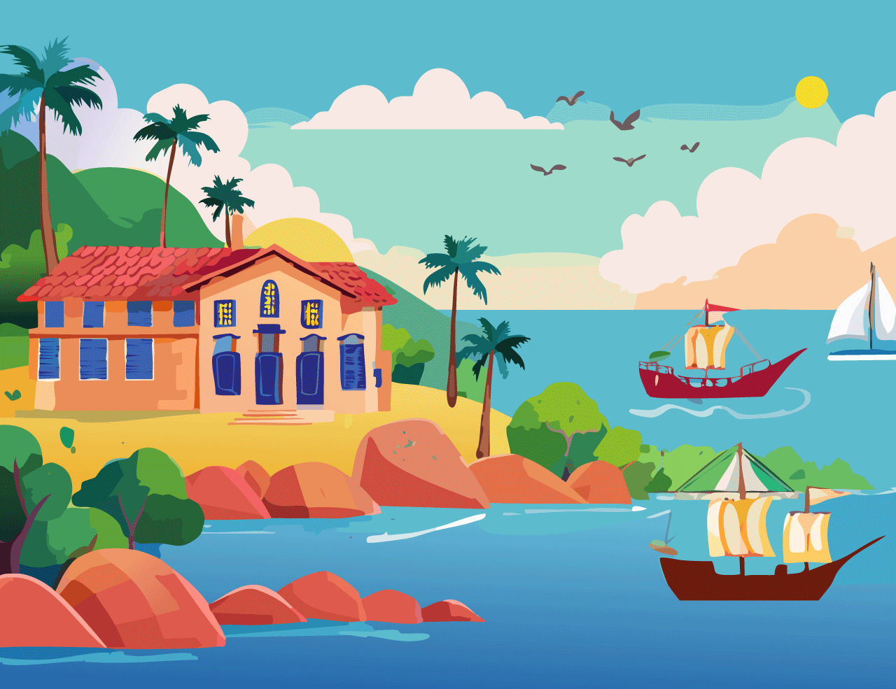 Ilustração de um cenário de RPG digital com dados de múltiplos lados, miniaturas de cavaleiros e magos em um tabuleiro hexagonal, e múltiplos monitores ao fundo conectados por uma rede de pontos luminosos, tudo em tons alaranjados e neon.